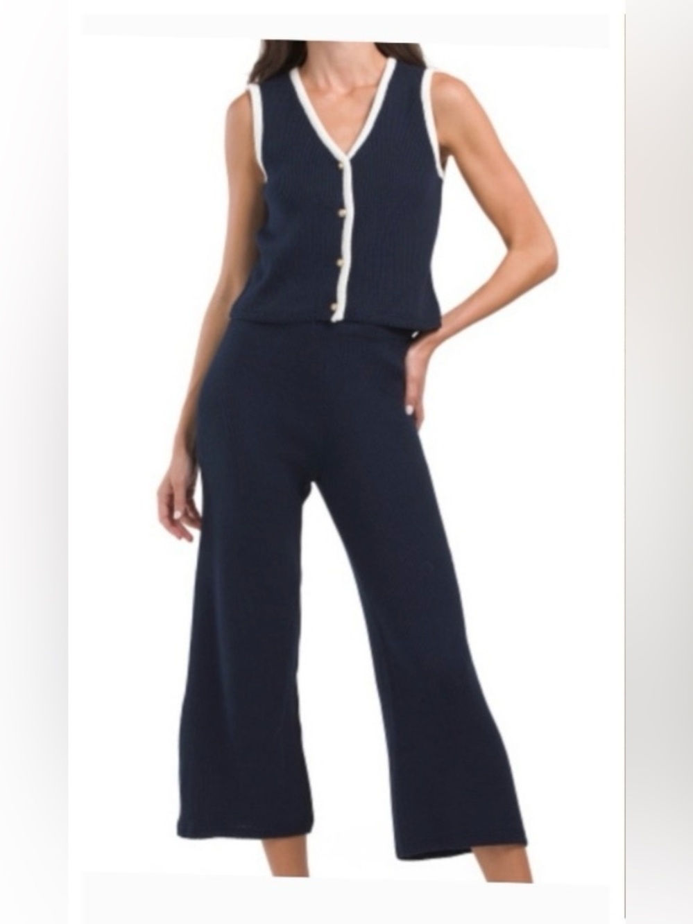 Sincerely Jules Navy Blue Knit 2 Piece Set Vest Wide Leg Pants Size L